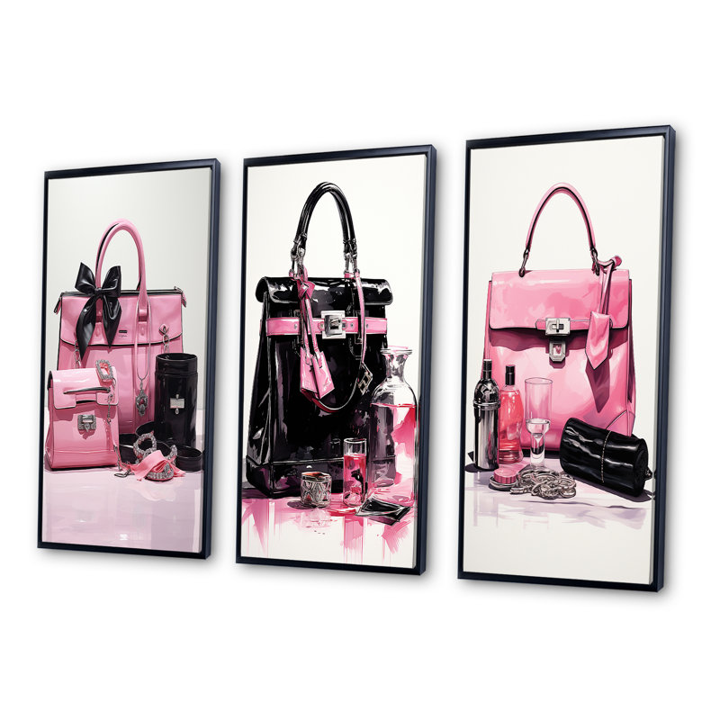 «Pink Fashion Bag Glamour», 3 pièces sur toile, Cadre noir, H 40 po x l 60 po