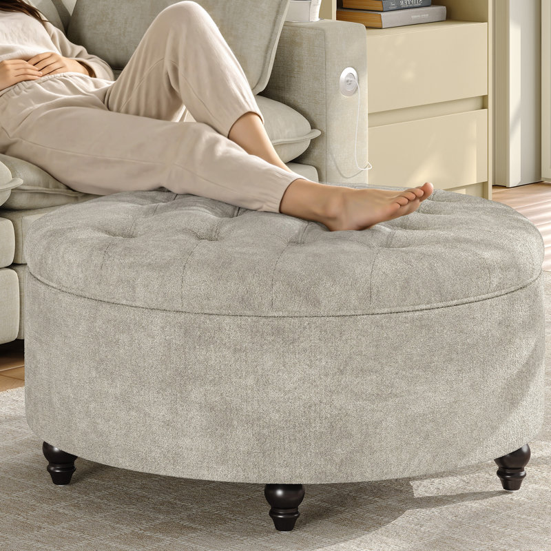 Upholstered Chenille Storage Footstool, 28", Light Grey