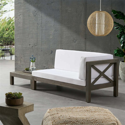 Acacia Wood Outdoor Corner Bench Set With Coffee Table, Featuring Cross-Back Design, Water-Resistant Cushions, And Weather-Resistant Slat Construction For Patio Comfort And Durability.