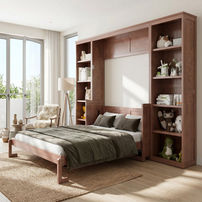 Queen Size Murphy Bed With Desk And Bookshelf, Space Saving Foldable Design