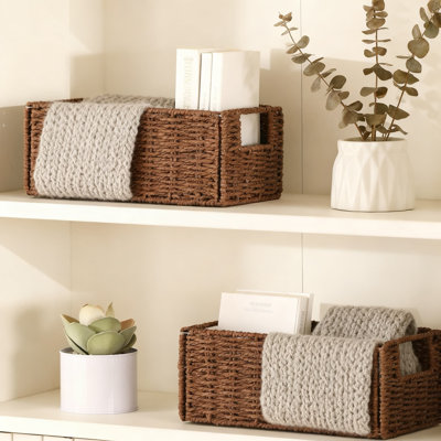 Hand-Woven Paper Rope Storage Basket Set Of 2, Collapsible Wicker Organizer Bins With Handles For Toilet Paper, Towels, And Household Essentials