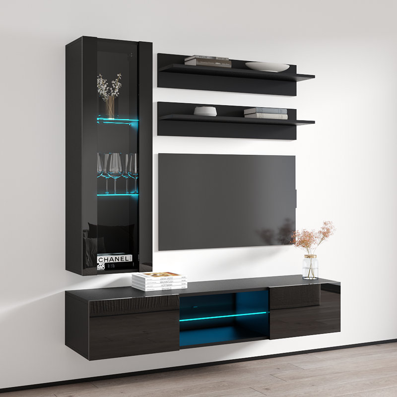 Livengood 63" Modern Floating Wall Mounted Entertainment Center with 16-Color LED Lighting, High Gloss Finish, Black