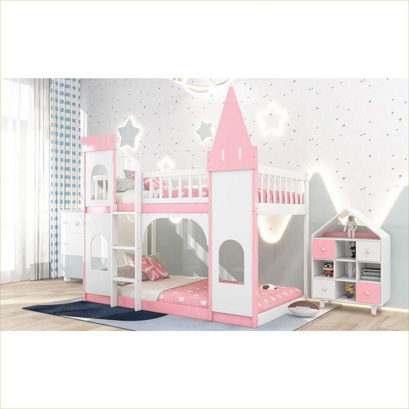 Pink-toned Twin Over Twin Castle Style Solid Wood Bunk Bed Frame with Integrated Side Ladder