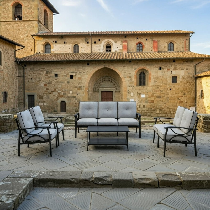 Ensemble de meubles de patio en métal 5 pièces, canapé de conversation 7 places toutes saisons avec coussins gris épais de 4 pouces, structure noire, table basse pour le jardin de la véranda