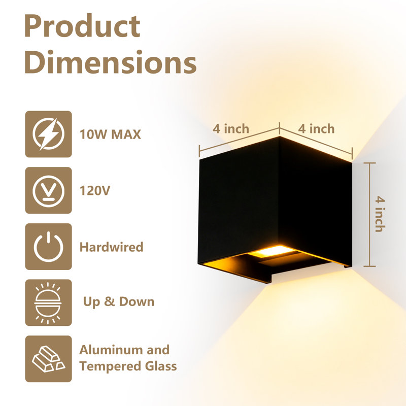 Aluminum Led Wall Sconces, Modern Black Square Waterproof Wall Light Up Down Lighting For Indoor & Outdoor Use (set Of 2)