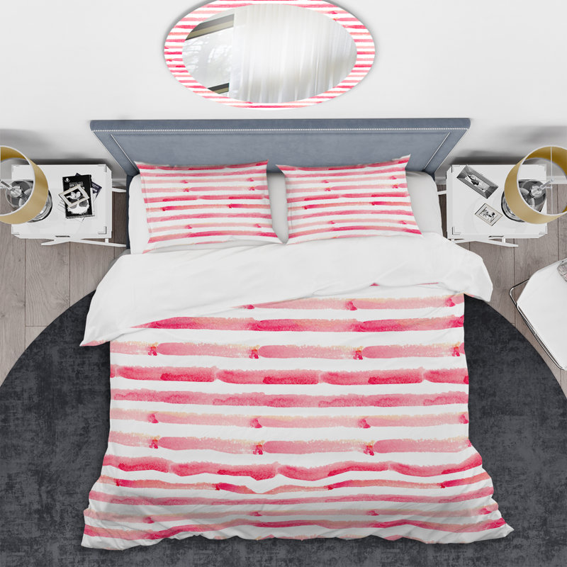 Pink and White Striped Pattern - Abstract Duvet Cover Set - Microfiber Polyester, King Duvet Cover + 2 King Shams