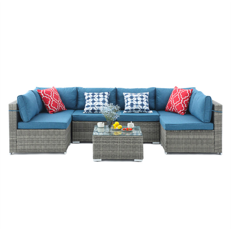 Ensemble de conversation pour 6 personnes avec coussins, Bleu, gris