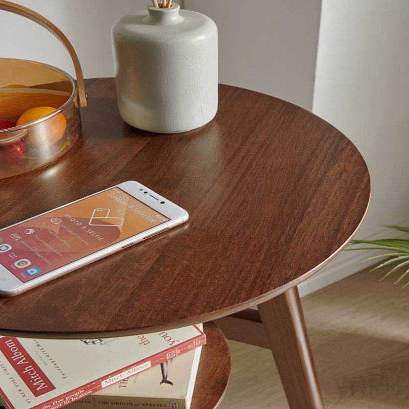 Table d'appoint 100% bois massif à 2 niveaux Table d'appoint de salon, table de chevet, table de bout ronde en bois massif, petite table d'appoint à 2 niveaux avec tablette de rangement inférieure