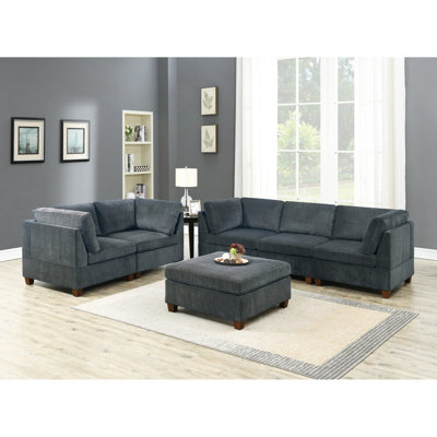 6Pc Modular In Grey Chenille Fabric - Modern Living Space Decor With Cushion Back Home Furnishings And Plywood