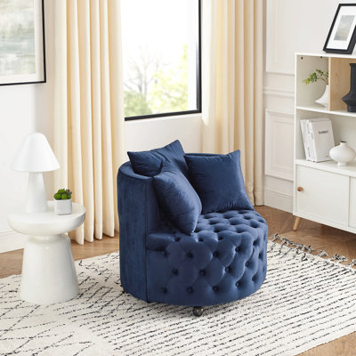 Fauteuil pivotant en velours rembourré pour le salon, avec capitonnage à boutons et roues mobiles, comprenant 3 coussins