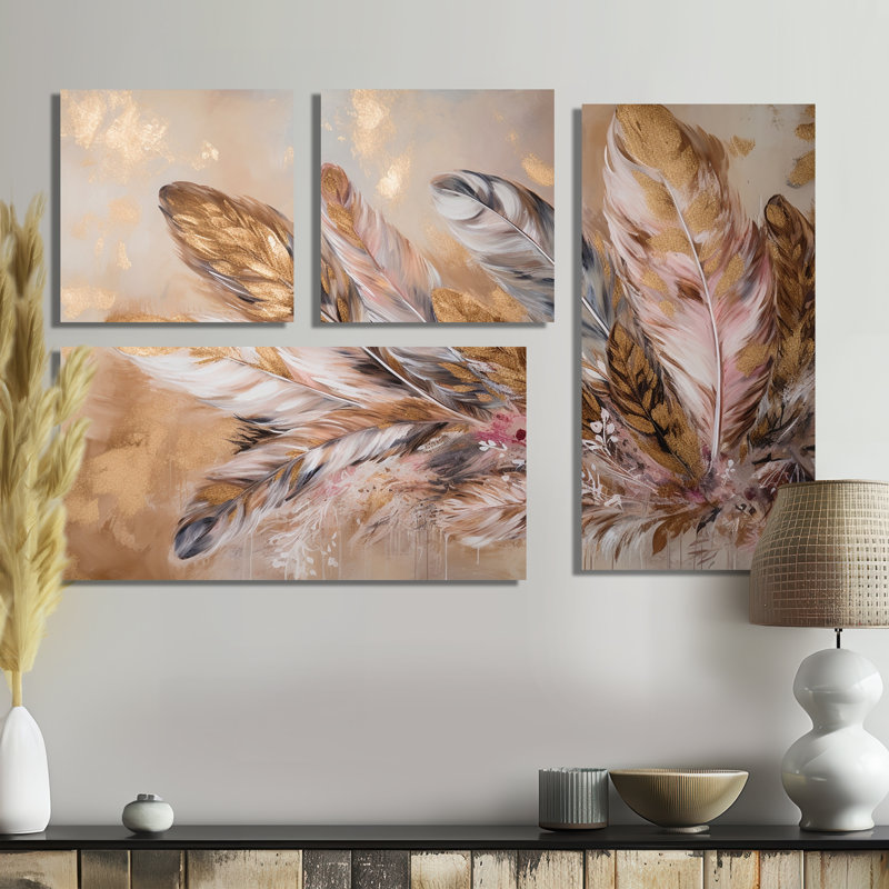 Plume dorée Boho Majesty - art mural 4 panneaux Glam Feather, Toile tendue, Ne s’applique pas