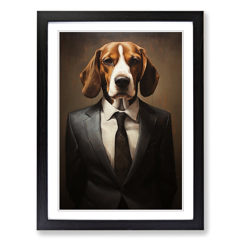 Beagle In A Suit - Single Picture Frame Print on Wood, 64cm H x 46cm W x 2cm D, Black Framed