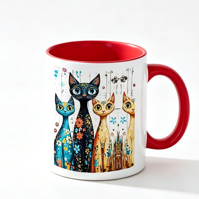 Cute Ceramic Mug with Cute Colorful Cartoon Cats Floral Decor Design.