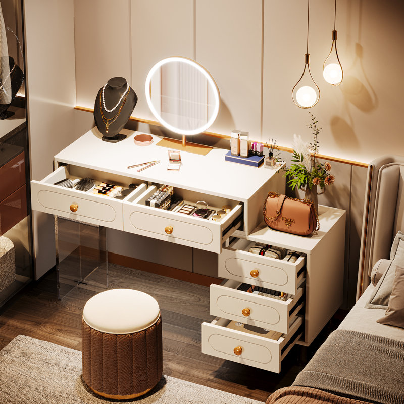 Modern White Vanity Desk with 5 Drawers (Only Table)