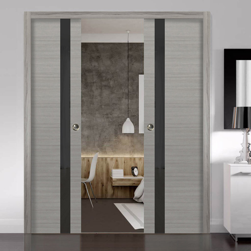 Portes coulissantes en verre givré Planum, 36 po x 96 po, Gris cendré / noir