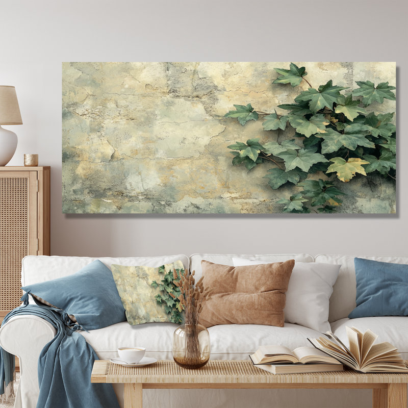 Collage de feuilles de lierre sur un mur I - feuilles, impression sur métal, H 28 po x l 60 po