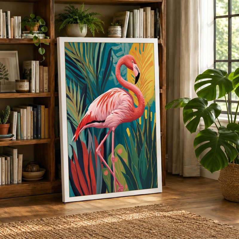 Flamingo Tropical - Wrapped Canvas, 30x20 - 76.2 x 50.8 cm, Taupe Border