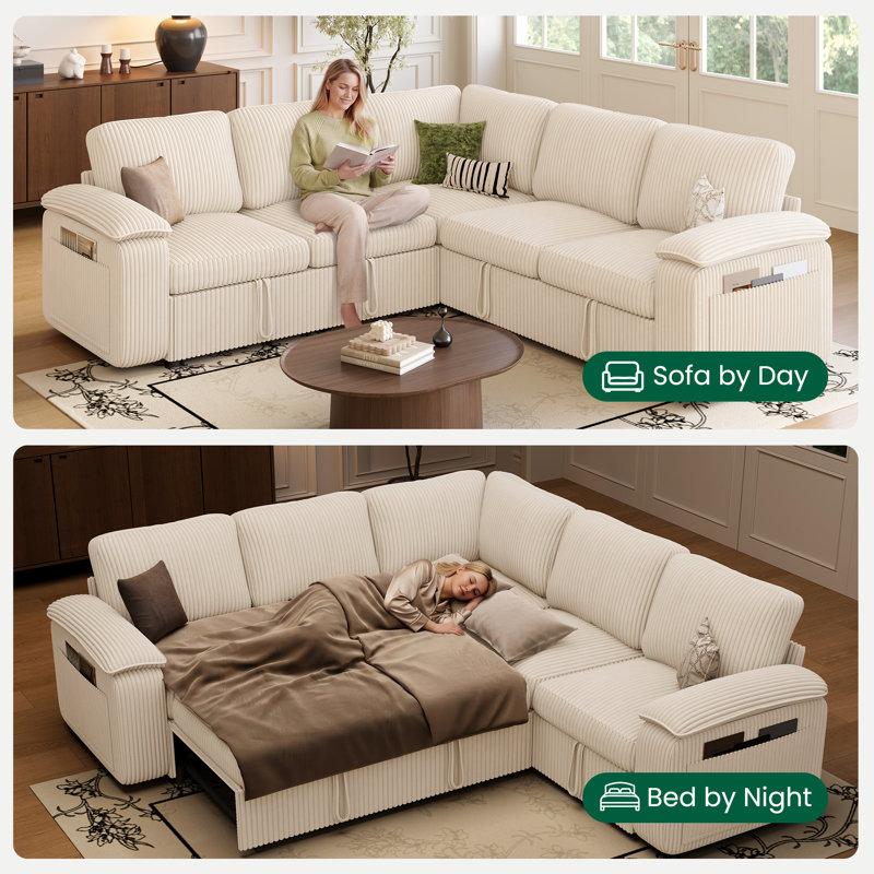 Canapé-lit modulaire en forme de L avec lit escamotable, beige, Beige