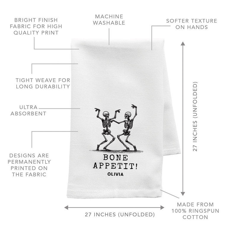 Custom Halloween Kitchen Towel, Personalized Bone Appetit Skeletons Cotton Flour Sack Dish Cloth, Yes