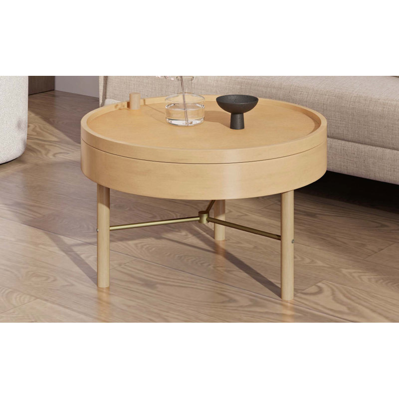 Table basse ronde moderne avec plateau rotatif en bois avec rangement et pieds en métal, Naturel