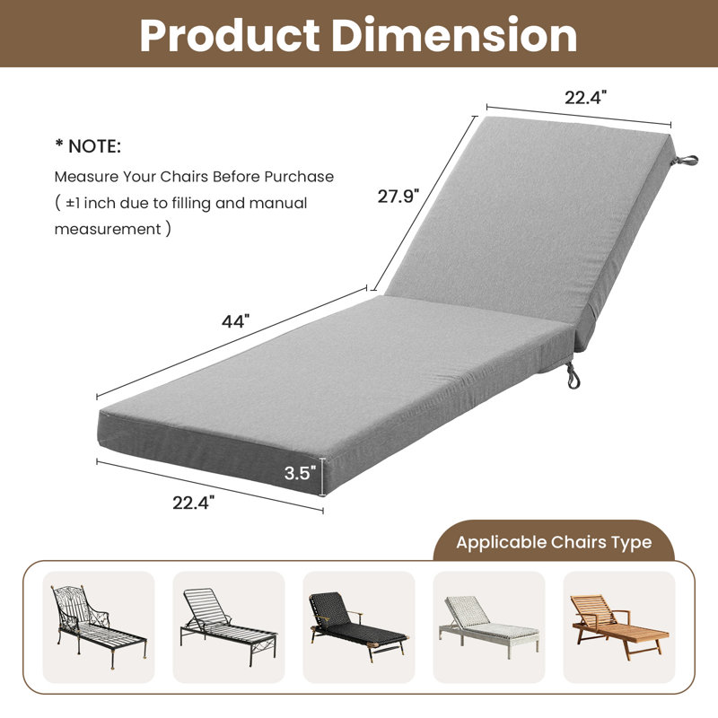 Allo 72X22x3.5 Inch Outdoor Chaise Lounge Cushion, Waterproof Patio & Pool Chair Cushion With Removable Cover For Garden, Beach Set Of 2