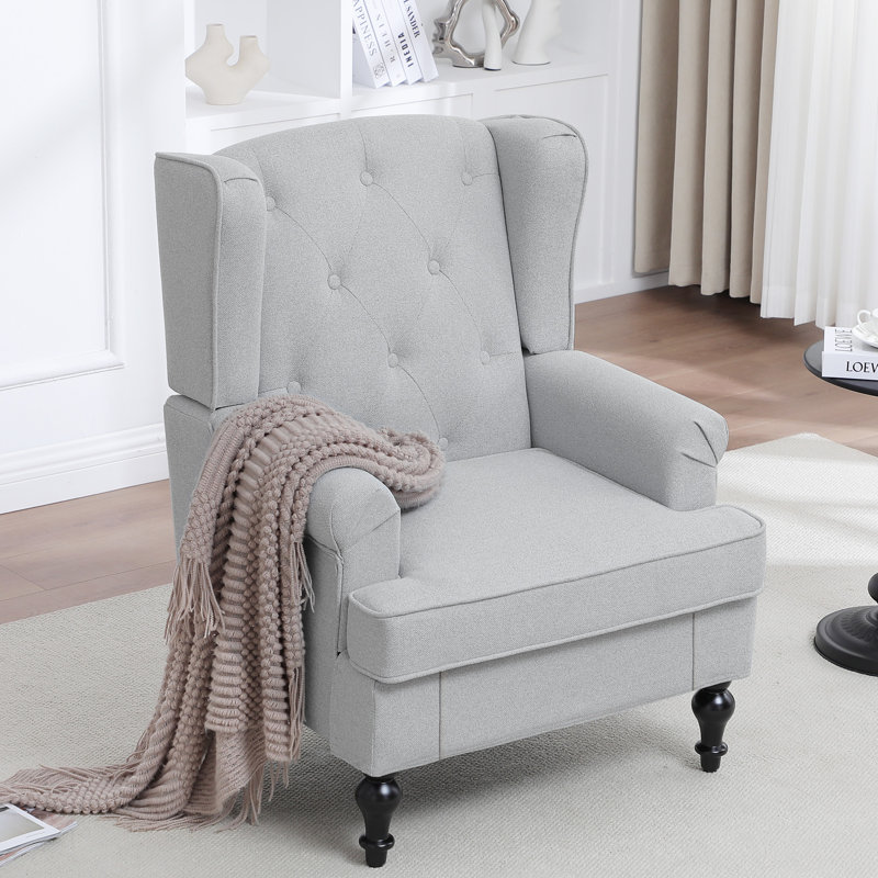 Upholsterd Wingback Armchair, Light Gray Linen Blend