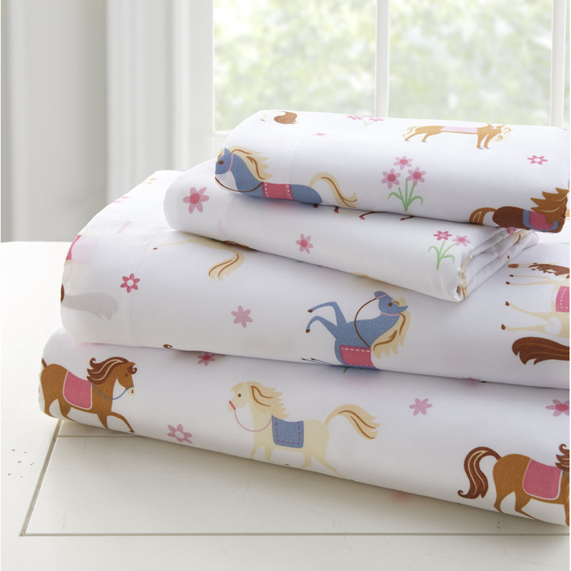 Pink and White Horse Print Microfiber Twin Sheet Set