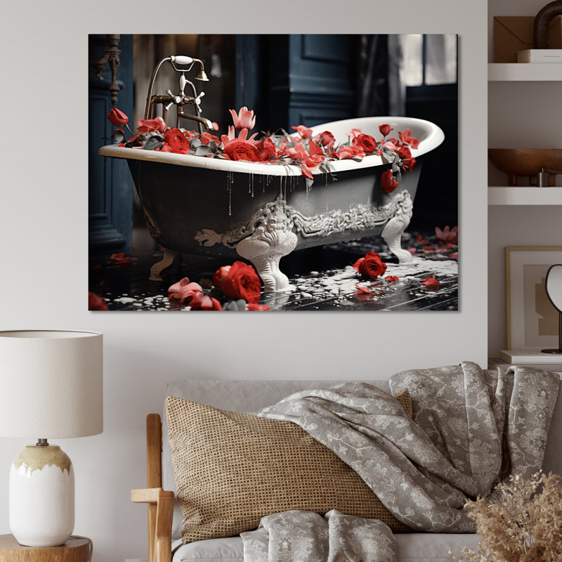 Red Floral Bath II - Laundry Art mural, H 34 po x l 44 po x P 1,5 po, Toile tendue