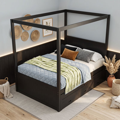 Lit plateforme à baldaquin en bois avec lit gigogne simple et 3 tiroirs de rangement