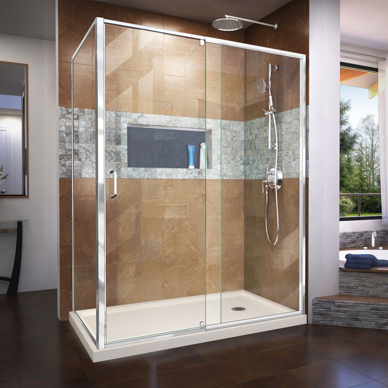 Flex 60" W x 36'' D x 74.75" H Semi-Frameless Rectangle Shower Enclosure with Base Included, Chrome/Biscuit, Right