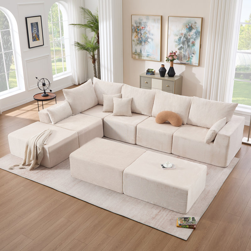 8-Piece Boneless Modular Sectional Oversized U-Shaped Sofa Corduroy Chenille Sectional With Ottoman, Beige Chenille