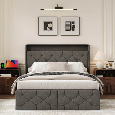 Queen Size Linen Upholstered Platform Bed with 2 Drawers, Tufted Wingback Headboard & LED Lighting