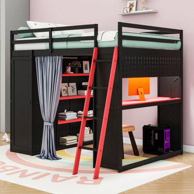 Lit mezzanine double en bois avec bureau, garde-robe, tablettes, rideaux, lumières et port USB