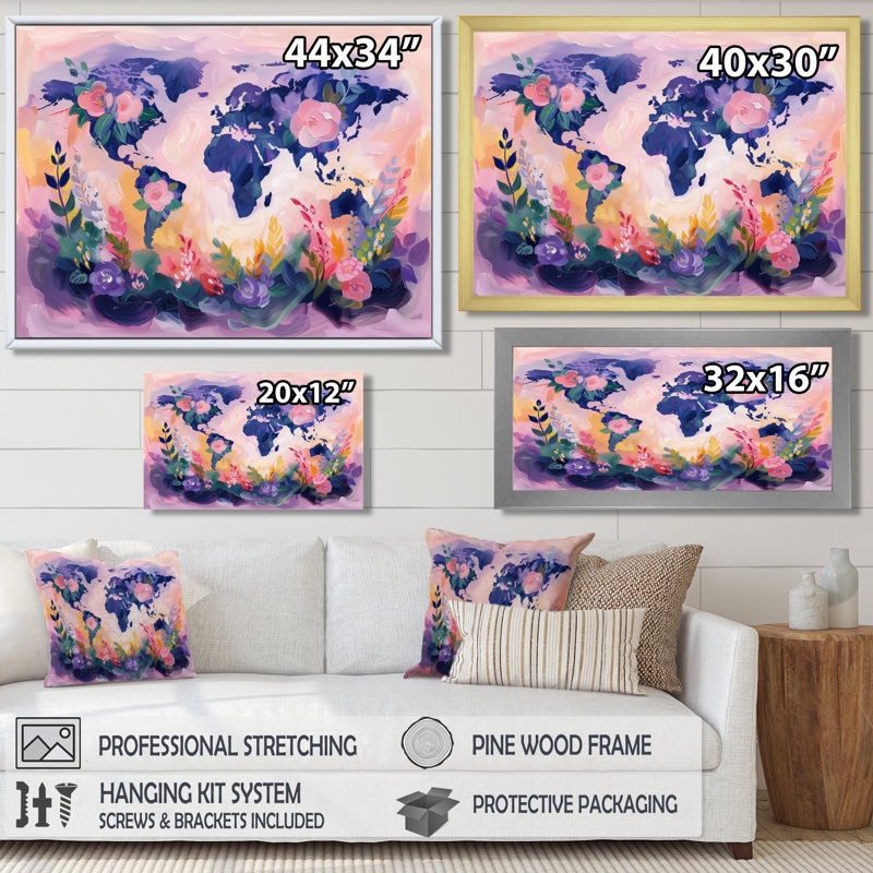 Rose mauve carte du monde «Blooms I» - art mural carte du monde, Cadre flottant doré, H 16 po x l 32 po x P 1 po