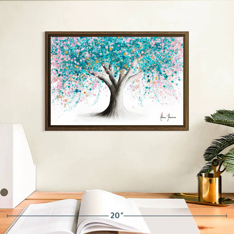 Arbre à fleurs turquoise, Cadre flottant en noyer, 13 po x 9 po