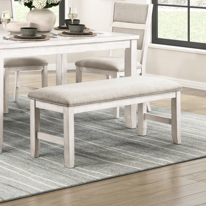 Banc décontracté moderne avec siège rembourré gris et finition blanc antique, 48 pouces de long, 16 de large, 19,5 de haut, capacité de 300 lb