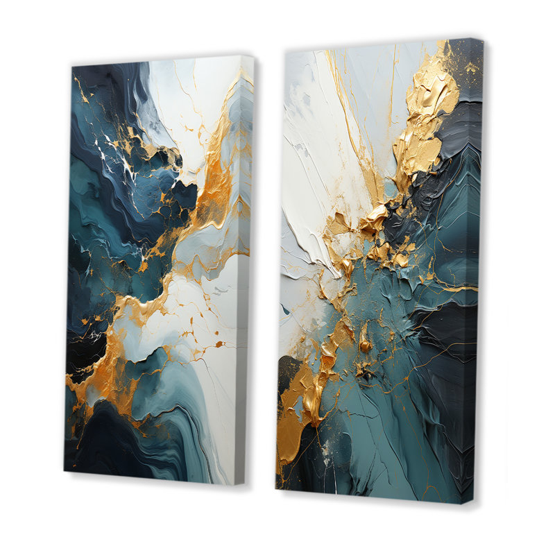 Or et vert abstrait marbré cascade IV - ensemble de 2 reproductions d'art sur toile, Toile tendue, H 28 po x l 25 po