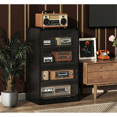 Record Player Stand With Vinyl Storage And Four - Tier Media Cabinet, Cable Management For Tidy Cables, Tempered Glass Display Electronics Signal, Adjustable Shelves Various Cabinet Distressed Black