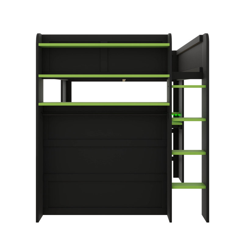 Full-Size Bunk Bed With Height-Adjustable Desk, Includes Wardrobe And RGB Lighting Options, Green