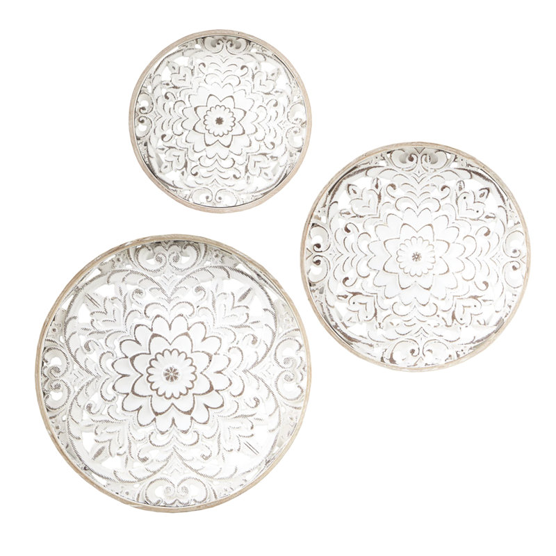 Distressed Floral Wall Art - Medallion Trio, Wood, 3, Natural+white, 13.75", 11.75", 9.75" , Indoor, Charming Appeal Wood Decor White Medallion, Natural Frame, Indoor Decoration, Vintage Style,