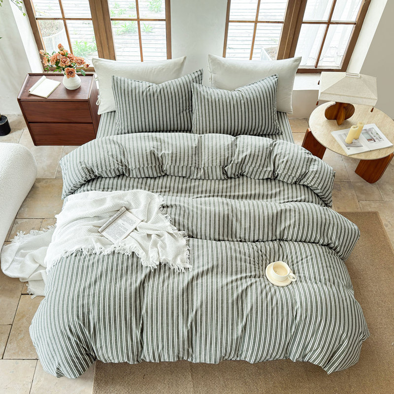 DONEUS Striped Duvet Cover Set 100% Washed Cotton Linen Like Soft Feelling Breathable Bedding, Olive Green/White