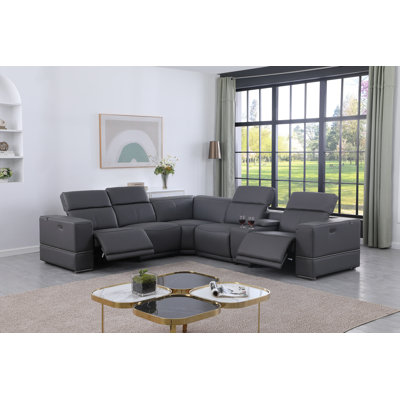 Franco 6-Piece Dark Gray Italian Leather Match Power Reclining Modular Sectional With Console, Power Headrests, And Storage