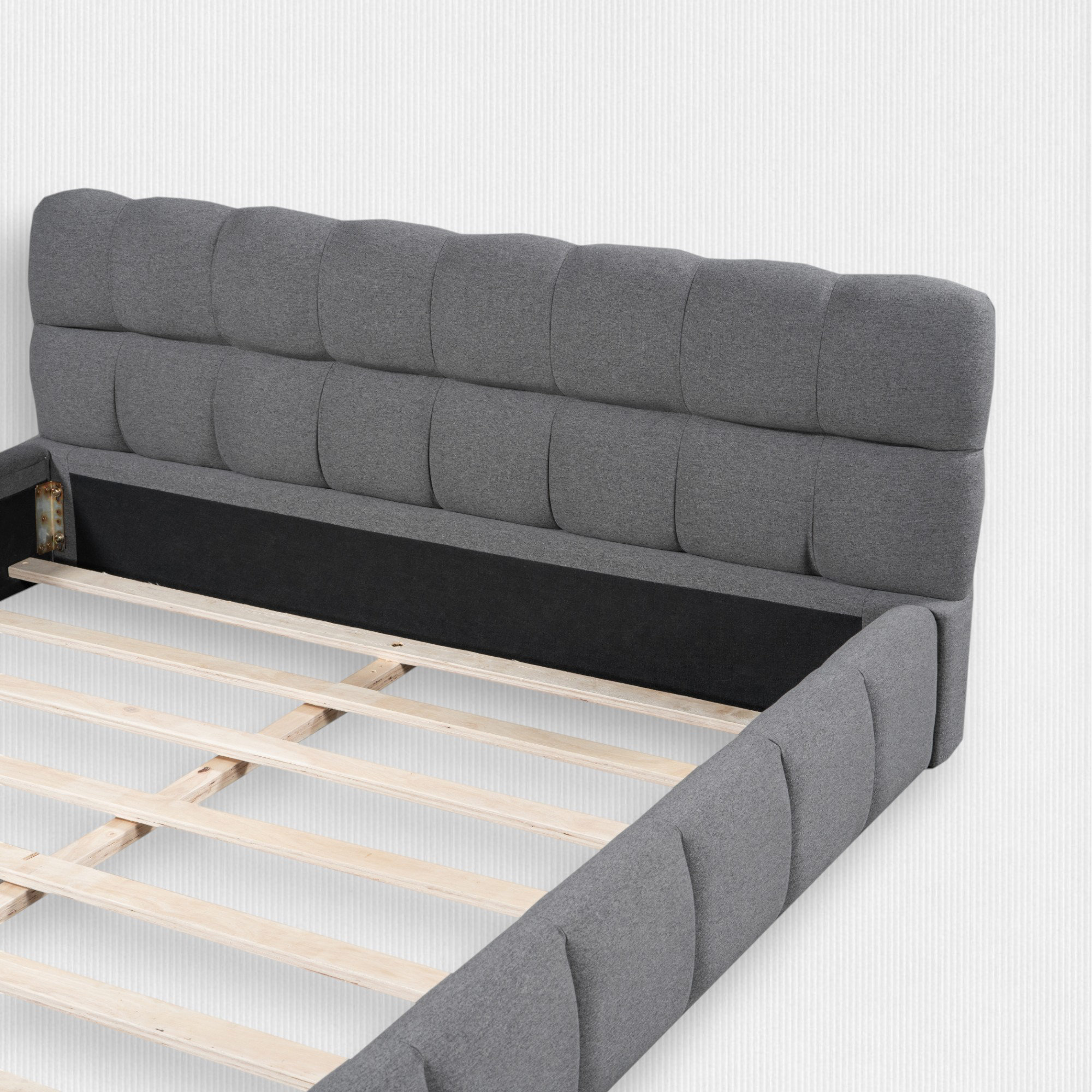 Katence Elegant Linen Queen Platform Bed with Upholstered Headboard and Solid Frame Stability