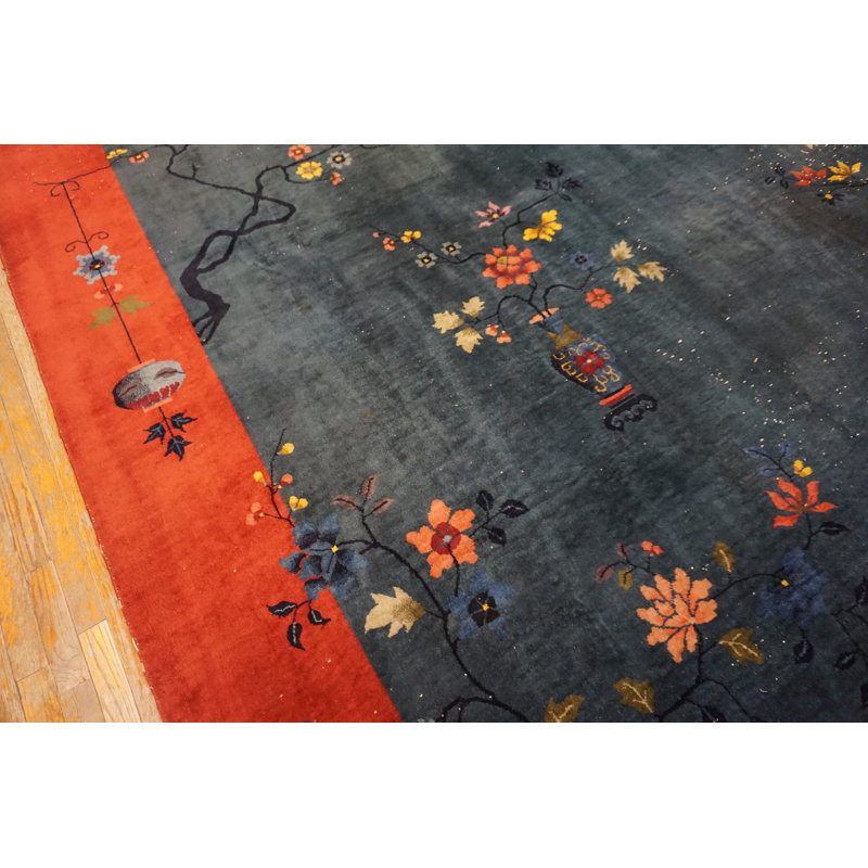 Chinese - Art Deco Rectangle 1920s Knotted Antique Blue Wool Room Size Rug