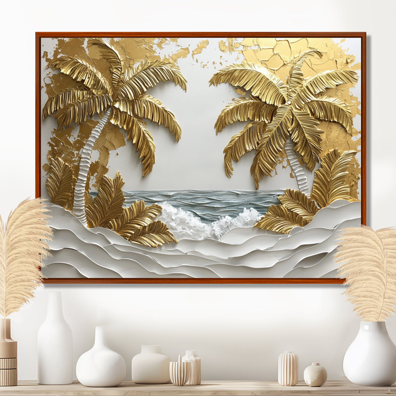 Art mural Colsyn crème dorée sur la plage I - palmiers et palmiers, H 16 po x l 32 po, Impression encadrée flottante, Brun