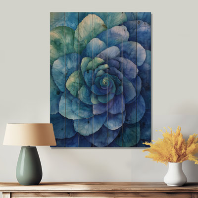 Hortensia bleu vert Vortex V - décoration murale bois d'hortensia - sur bois de pin naturel