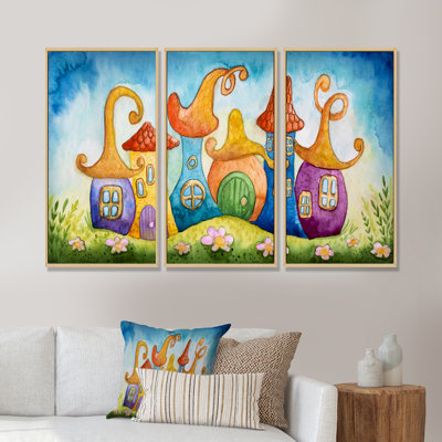 Conte de fées en bleu et orange - Ensemble de 3 toiles encadrées pour enfants