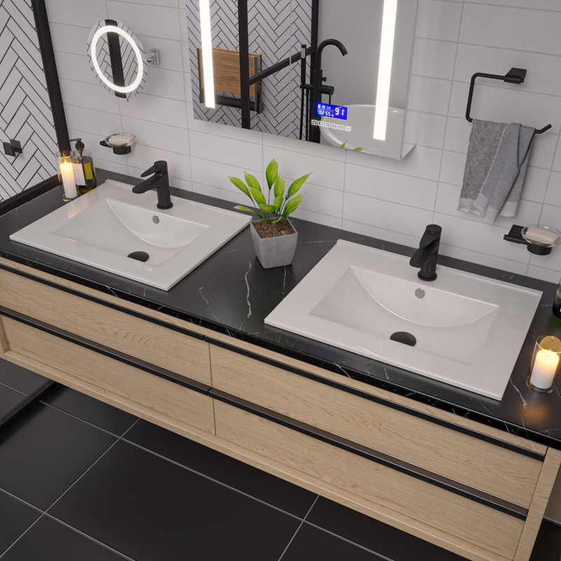 White Ceramic Rectangular Drop-In Bathroom Sink with Overflow