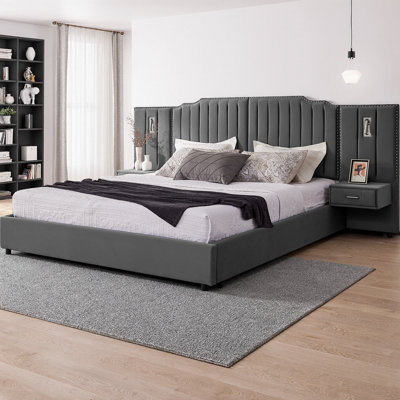 King Size Upholstered Bed Frame with Velvet Headboard, Vertical Stripe & Button Design, Integrated Bedside Table & Adjustable Lamps, Modern Platform Bed - No Box Spring Needed