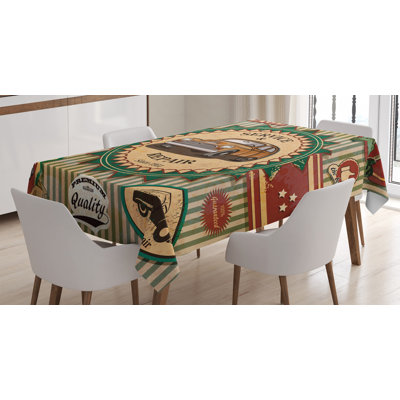 Ambesonne Retro Tablecloth, Composition Of Vintage Retro Car Emblem In Faint Color Sixties Dated Irony Art, Rectangular Table Cover For Dining Room Kitchen Decor, 60" X 84", Green Red Cream